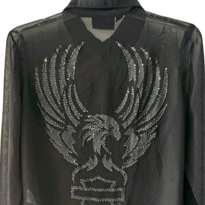 Harley Davidson Black Sheer Rhinestone Eagle Back Button Down Front Womens M